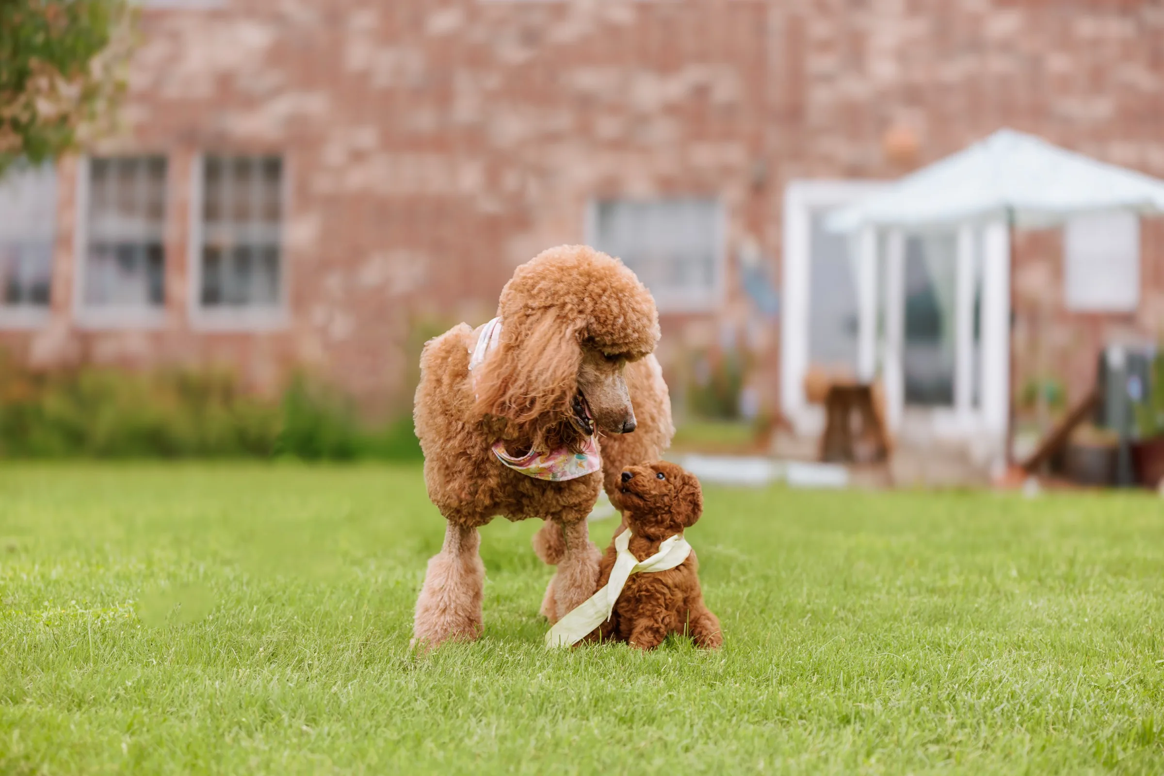 Ruby, a red Standard Poodle, touching noses with a puppy on the lawn in Round Rock, Texas